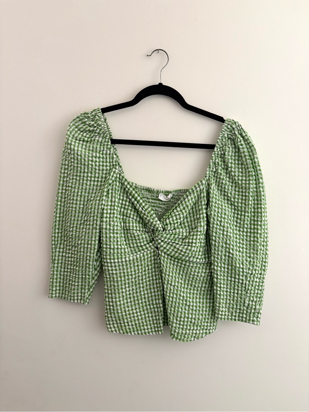 MNG Green Gingham Twist-Front Puff Sleeve Top